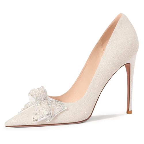 FSJ Women Fashion Pearls Rhinestone Bowknot Sexy Glitter High Heel Stilettos Slip On Dressy Pointed Toe Sparkly Pump Party Wedding Prom Evening Shoes Size 4-15 US
