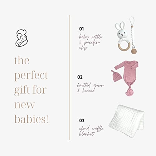 Baby Shower Keepsake Gift Basket Set Includes Cloud Waffle Blanket, Knotted Gown With Hat, Bunny Crochet Rattle And Silicone Pacifier Clip, Baby Girl Dusty Rose #TOP1