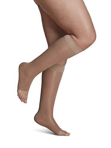 Image of SIGVARIS Women's Sheer Fashion Open Toe Calf Height - 15-20mmHg Weight Compression Hose - Lightweight & Breathable in Soft Stretch Fabric for Comfortable Everyday Wear