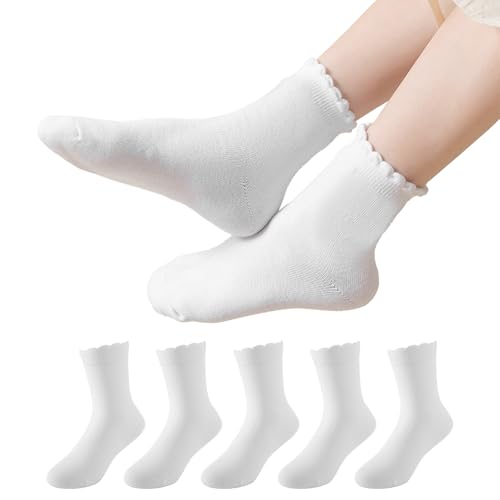 BONANGEL Girls Ruffle Socks, 5 Pairs White Frilly School Uniform Cotton Crew Ankle Dress Socks for Girls 4-12 Years