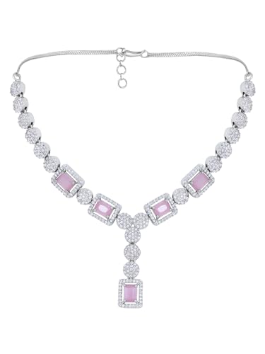 Image of ASMITTA Jewellery Rhodium-Plated Square American Diamonds Studded Pendulous Necklace with Earrings Jewellery Set for Girls Womens