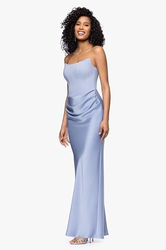 Image of Betsy & Adam Women's Floor Length, Strapless Boned Corset Detail Dress with Draped Satin Ruched Skirt