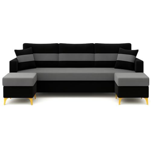 Image of SOCOZI Bastian 5 Seater L Shape Sofa Set with 2 Movable Ottomans | Flexible Layout | Soft Velvet Suede Fabric|Modern Sofa | Plush Comfort Cushions for Living Room (Black- Dark Grey)