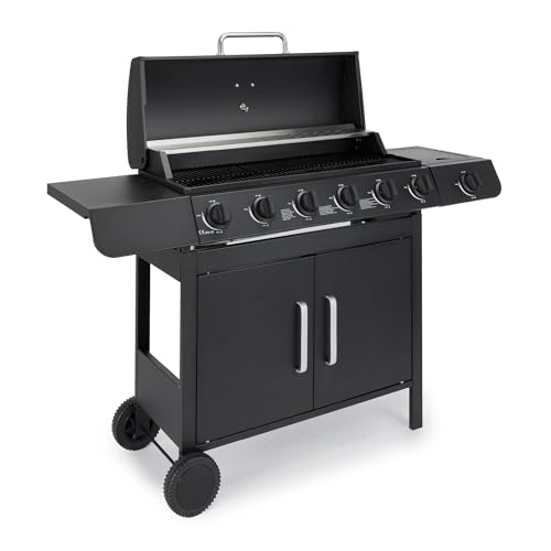 VonHaus Gas BBQ 6+1 Burner Portable Barbecue with Warming Rack Side Burner Temperature Gauge Cabinet Storage Shelf Wheels Gas Hose & Regulator Steel Barbeque can Grill Meat Fish & Vegetables
