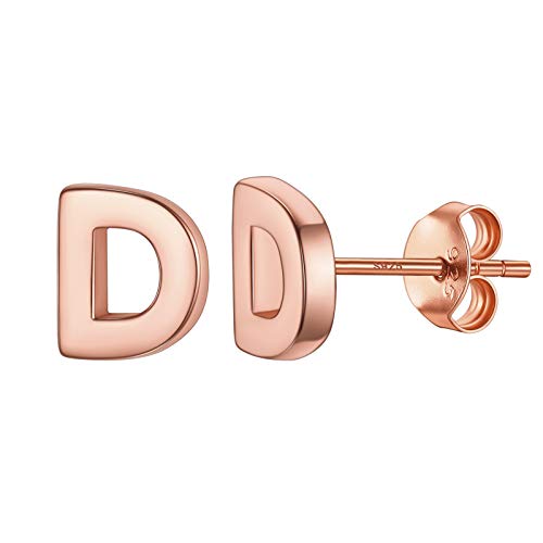 925 Sterling Silver Trendy Initial Earrings for Women, Yellow Gold/Rose Gold Plated/Cubic Zirconia Solid Silver A-Z Dainty Letter Hypoallergenic Ear Studs, Come Gift Box D 03 Initial-rose Go