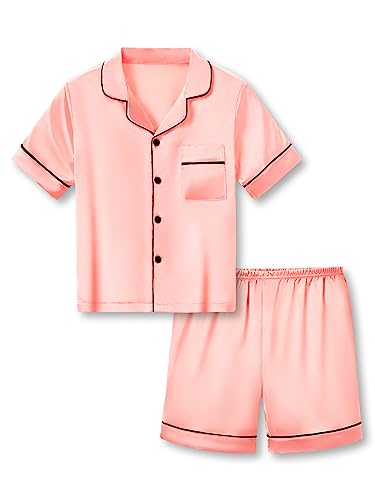 Beezizac Little & Big Girls Pajama Set Size 6-16 -Pink/Blue/Turquoise/Peach Satin Silky Cute Summer Shorts Outfit