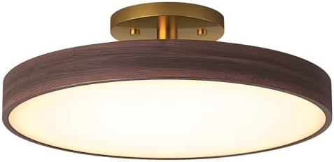 Semi Flush Mounted Ceiling Lamp, 19.7" Modern Close to Ceiling Light Fixture Vintage Ceiling Lamp Minimalist Wood Grain LED Ceiling Light Walnut Colored LED Ceiling Light
