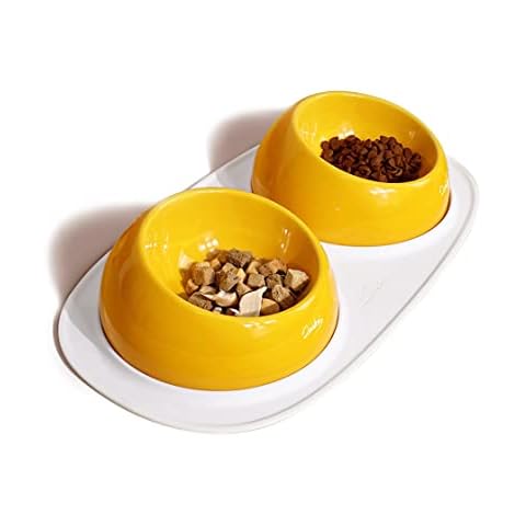 PURROOM Cat Food Bowls, Small Dog Bowls Non-Skid and Non-Spill Silicone Mats with Stand, Lovely Shape of Egg Yolk, 15° Inclined Design, Removable Safety Ceramics Food and Water Dishes. (2 SET) Cover