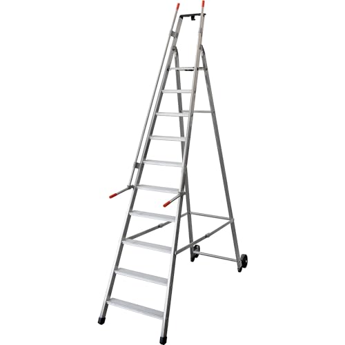 Escalera móvil para almacén y para estanterías, con 2 pasamanos y ruedas, 10 peldaños incl. plataforma.