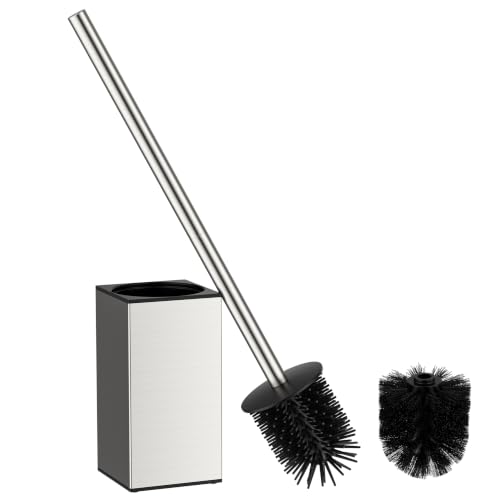Image of FORIOUS Stainless Steel Toilet Bowl Brush Scrubber and Holder Set Short | Brushed Nickel, Extended Handle, Removable Inner Bowl, Fixed Splash Guard, Steel Joint, Anti-Scratch Bristle, for Bathroom RV
