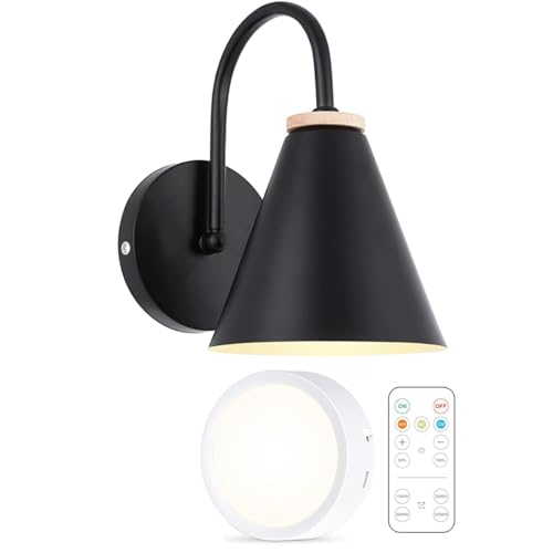 BIMEAN Battery Operated Black Faux-Wood Industrial Wall Sconce, Easy to