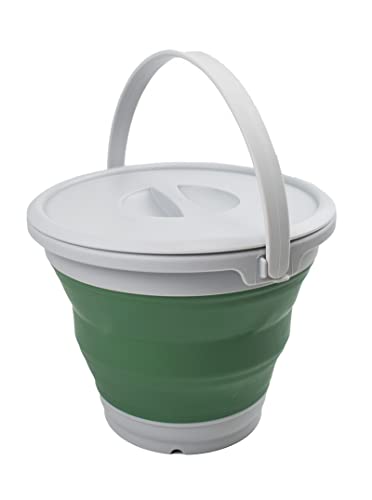 SAMMART 5.5L (1.4 Gallon) Collapsible Plastic Bucket with Lid - Foldable Round Tub with Lid - Portable Fishing Water Pail - Space Saving Outdoor Waterpot. (Grey/Dark Sea Green, 1)