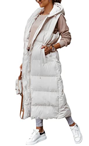 Women's Long Quilted Vest Outerwear Hooded Maxi Length Sleeveless Puffer Vest Full-Zip Cotton Padded Coat #TOP2