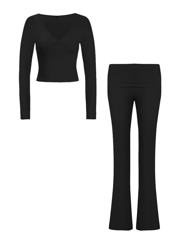 Ensemble Femme Casual 2 Pieces Manches Longues col en V Survetement Slim Fit Tenue de Sport Élasticité Pantalon et Haut Court Ensembles Chic et Elegant Y2K Lounge Set pour Jogging Fitness