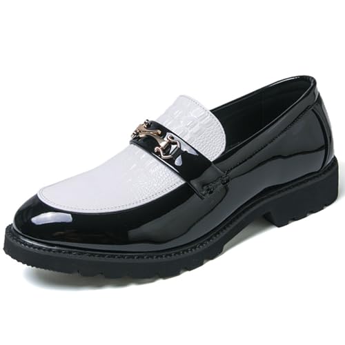 RiceelSor Mens Slip-On Penny Loafers Casual Patent Leather Business Dress Shoes Comfortable Lightweight Pointed Toe Tuxedo Shoes for Wedding Formal Work (Black and White,12)