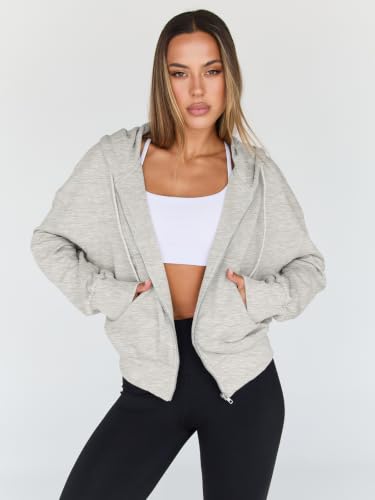 Image of Trendy Queen Womens Zip Up Hoodies Cropped Jackets Fall Outfits 2026 | lightweight comfort material, slouchy drop shoulder, casual travel winter clothes with pockets, airport workout athletic