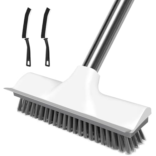 AMFUN Escoba de Empuje 2 en 1, Cepillo de Cerdas Rígidas con Escobilla de Goma, Cepillo de Suelo de Mango Largo Ajustable para Limpiar Baño, Patio, Cocina, Interiores y Exteriores, (con 2 Cepillos)