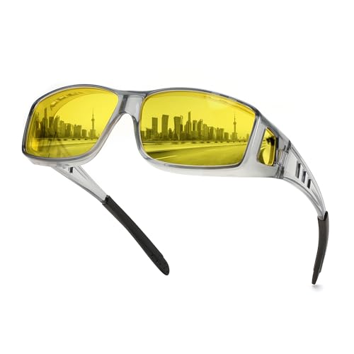 FEISEDY Men Night Driving Glasses,Fit Over Sunglasses Yellow Lens, Anti Glare Polarized HD Night Vision Glasses B0225