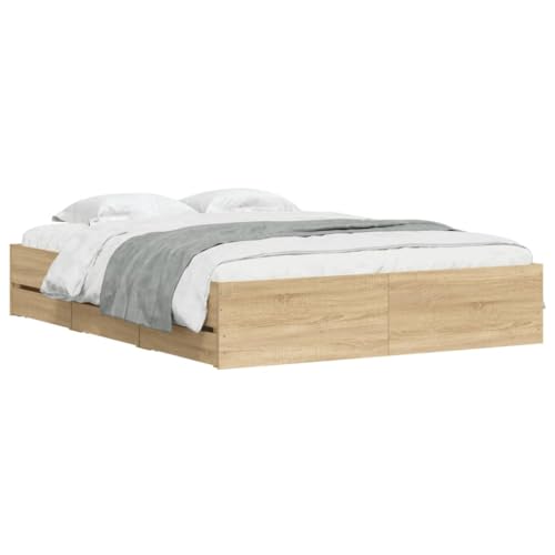 vidaXL Cadre de Lit et Tiroirs, Lit Double avec Sommier à Lattes, Lit Adulte, Meuble de Chambre à Coucher, Chêne Sonoma 140x200 cm Bois Ingénierie