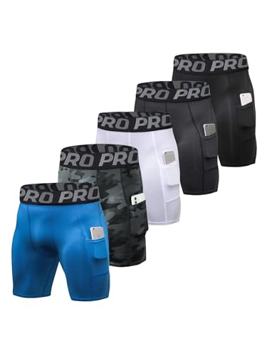 YUSHOW 5 Pack Compression Shorts Men with Pocket Sports Workout Running Spandex Shorts Compression Underwear for Men Athletic