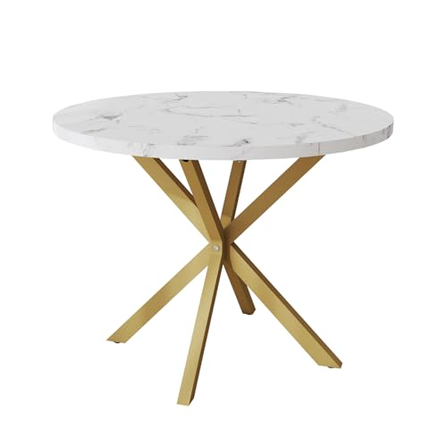 GrandCA HOME Table de Salle à Manger Ronde avec Plateau Effet Marbre Moderne, Table de Cuisine avec Quatre Pieds en Métal, pour Salle à Manger, Salon,Blanc...