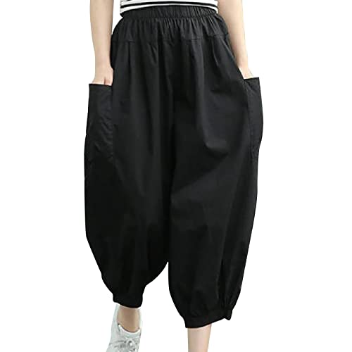Women's Harem Pants High Waist Loose Casual Trousers Broad Legged Leisure Pants Solid Color Leg Closure Pants (Black, M)