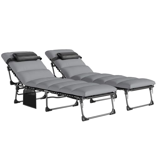 Outsunny Lot de 2 Bain de Soleil avec Matelas 9cm - Chaise Longue Jardin 200cm Pliable Dossier Réglable 5 Positions, Appui-tête et Poche Latérale - Transat de Jardin pour Terrasse Plage, Gris Clair