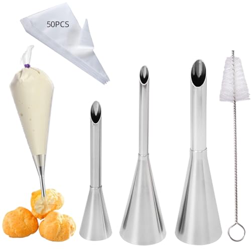 Puff Cream Filling Piping Tips Kit,3PCS Long Piping Nozzle Tips with 50 PACK Piping Bags Disposable for Filling Donuts,Puff,Eclairs, Cream Filling Nozzles&Cream Injector Tips with tip cleaning brush