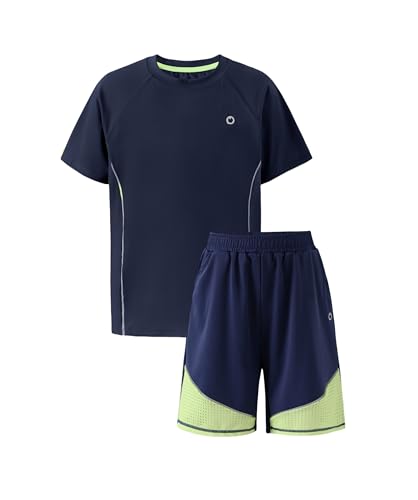 PATPAT Kids Quick-Dry T-Shirt & Shorts Set, 2-Piece Instant-Cooling UPF 100+ Activewear Outfit for Boys Girls, Breathable Athletic Sportswear, Motion Navy, Size US8/S