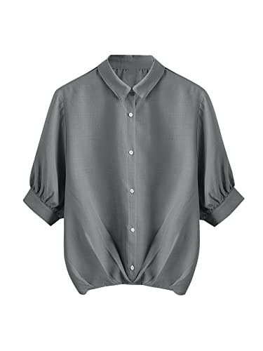 Image of Milumia Women's Collar Lantern Short Sleeve Pleated Hem Button Down Work Blouse Shirt Top