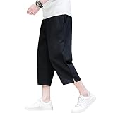 [Platilive] サルエルパンツ ズボン メンズ テーパードパンツ ワイドパンツ 七分丈 綿麻 大きいサイズ ゆったり 調整紐 無地 通気 涼しい カジュアル おしゃれ パンツ ボトムス メンズ 夏服 black XL