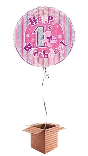 PARTYRAMA.CO.UK Happy 1st Birthday Pink Holographic Round Foil Balloon - Inflated Balloon in a Box