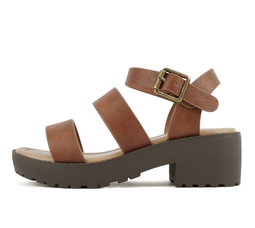 Image of Soda ACCOUNT-2 ~ Little Kids /Children /Girls Open Toe Two Bands Lug sole Fashion Block Heel Sandals with Adjustable Ankle Strap