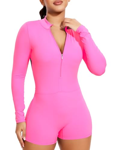 STARBILD Mujer Mono Corto Deportivo con Cremallera Manga Larga, Gym Jumpsuits Short Zipper Push Up, V Back Scrunch Butt Una Pieza para Pilates Yoga Fitness Gimnasio, Rosa XS