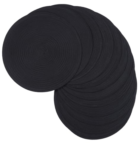 Image of SHACOS Black Round Placemats Set of 12 Heavy Cotton Polyester Woven Braided Place Mats Washable Heat Resistant Non Slip Table Mats