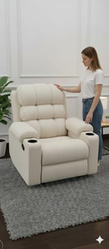 Image of Shah Manual Single Seater Recliner Chair, Premium Fabric with High-Density Foam, Lumbar Support, Off White, Living Room Bedroom Home Theater