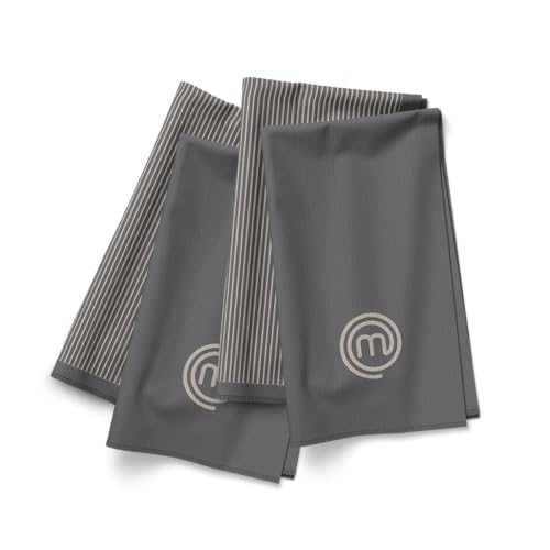 MasterChef Paños de Cocina Algodon 100%, Toallas/Trapos para Secar y mas, Juego de 4, Diseño a Rayas Grises, Apto para Lavadora, Resistente al Calor