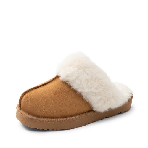 DREAM PAIRS Kids Slippers Girls Boys House Fuzzy Indoor Outdoor Warm Slip on Slipper for Little Kid Big Kid 6 Big Kid Camel