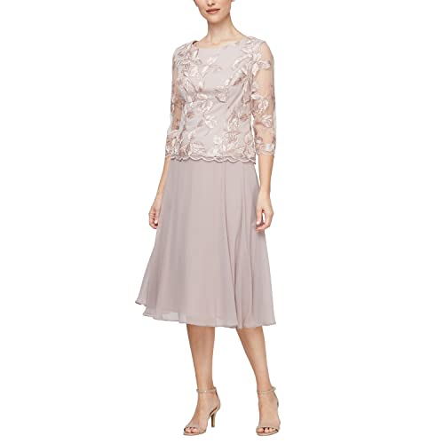 Image of Alex Evenings Women's Tea Length Embroidered Bodice Mother of The Bride Gown, Wedding Guest Dress (Petite and Regular Sizes)