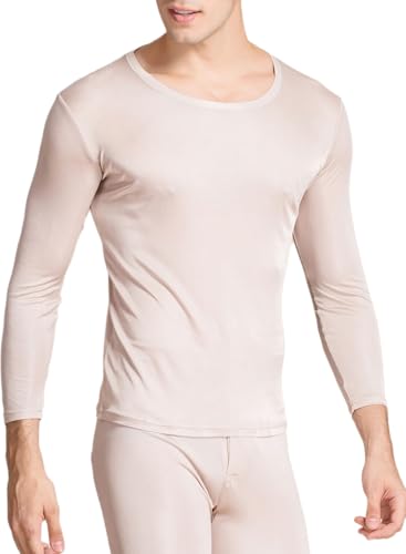 Camiseta de manga larga de seda para hombre, ropa interior térmica, ligera, de seda de morera, camiseta interior, color carne, M