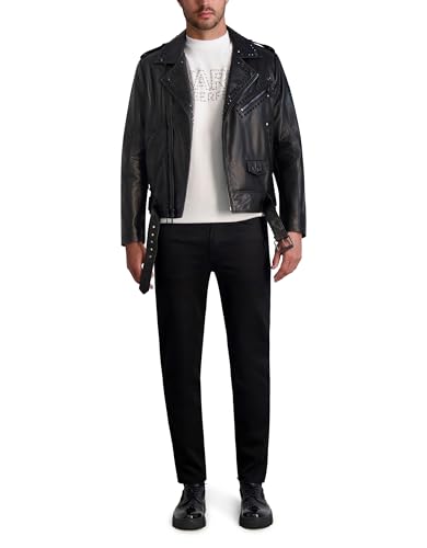 KARL LAGERFELD Men's Exposed Zippers and Studs Biker Leather Jacket