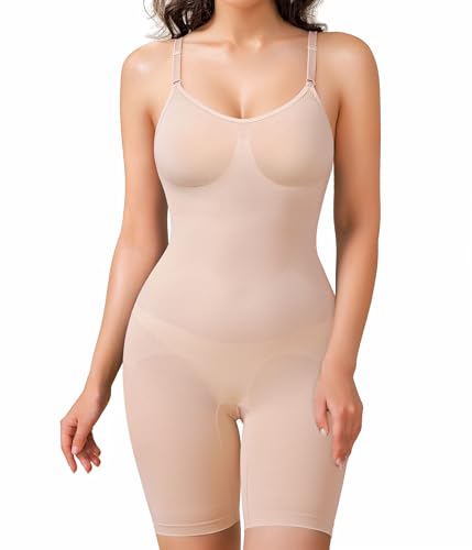 BRABIC Waist Trainer Bodysuit for Women Tummy Control Shapewear Round Neck Seamless Butt Lifter Full Body Shaper (Small, Beige Mid Thigh)