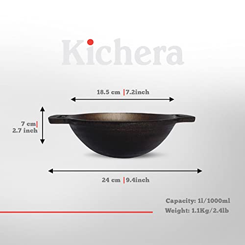 Image of Kichera Pre-Seasoned Cast Iron Kadai with Dual Loop Handles 7.5Inch | 1L Capacity, 18.5cm Diameter, 1.1kg | Non-Stick, Super Smooth, Pure & Toxin-Free Wok for Deep Frying