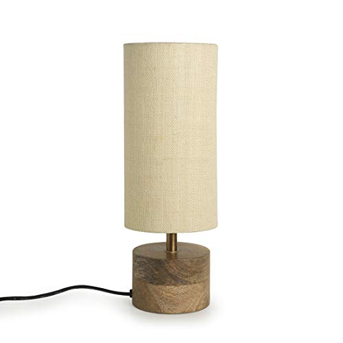 Image of ExclusiveLane 'Volta' Mango Wooden Table Lamp for Bedroom (14 Inch, Linen & Wood, Without Bulb, Pack of 1) | CFL /LED Table Lamp for Living Room Decoration Bedside Lamp Bedside Table Lamps for Bedroom