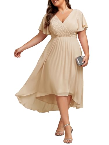 Image of Ever-Pretty Plus Summer Short Sleeves V-Neck Formal Wedding Guest Dresses for Curvy Women Chiffon Midi Cocktail Party Dress