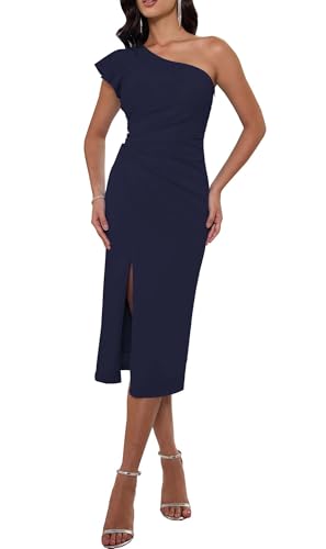 Angel-fashions Robe de cocktail élégante à une épaule dénudée pour femme - Robe de soirée mi-mollet froncée, bleu marine, 40