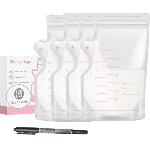 Breastmilk Storage Bags 120 count Disposable Milk Storage Bag with 8.5 Ounce Self Standing Presterilized Hygienically Doubled-Sealed Refrigeration and Freezing