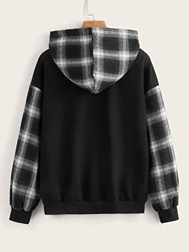 Verdusa Women's Colorblock Plaid Long Sleeve Drawstring Hoodie Top Sweatshirts Black M