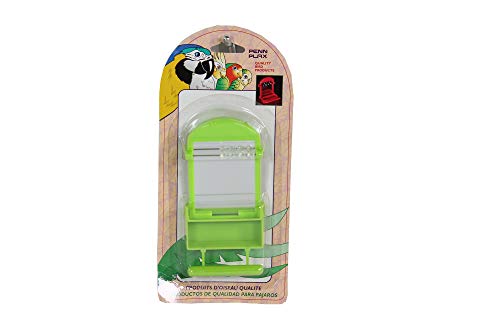 Image of Penn-Plax Bird Life Perch Mirror with Cup - Interactive Bird Mirror for Cage with Beads & Seed Holder - Stimulating Toy - Perch Accessory for Parakeets, Finches, and Small Birds - 2.5 x 3.5 Inches