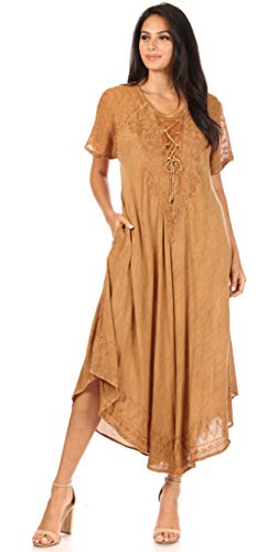 Image of Sakkas Egan Long Embroidered Caftan Dress /Cover Up with Embroidered Cap Sleeves